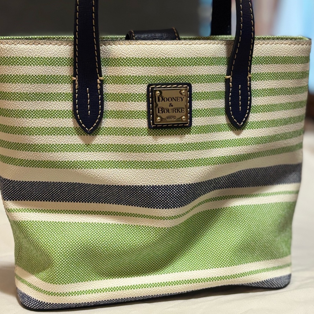 Dooney & Bourke Green and Blue Canvas Tote with Striped Design